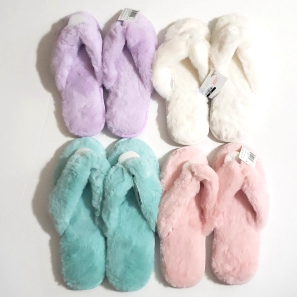 NEW Flip Flop Slippers Thong Faux Fur Pastel S M L - Picture 1 of 8